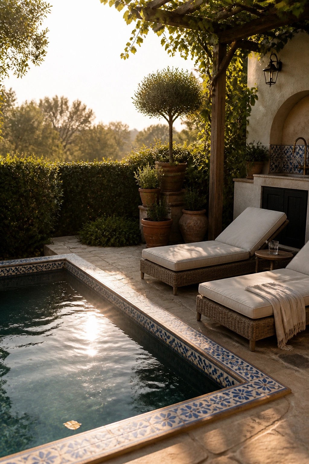 A small rectangular pool with blue and white tile borders a stone patio holding two cushioned lounge chairs under a wooden pergola with vines.