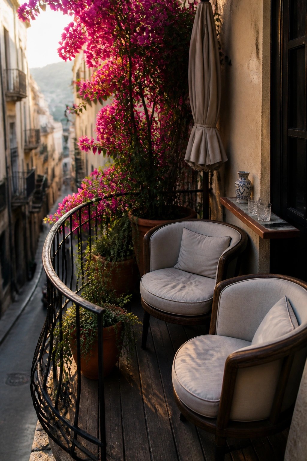 Balcony with two armchairs, pink bougainvillea, overlooking narrow European street at sunset