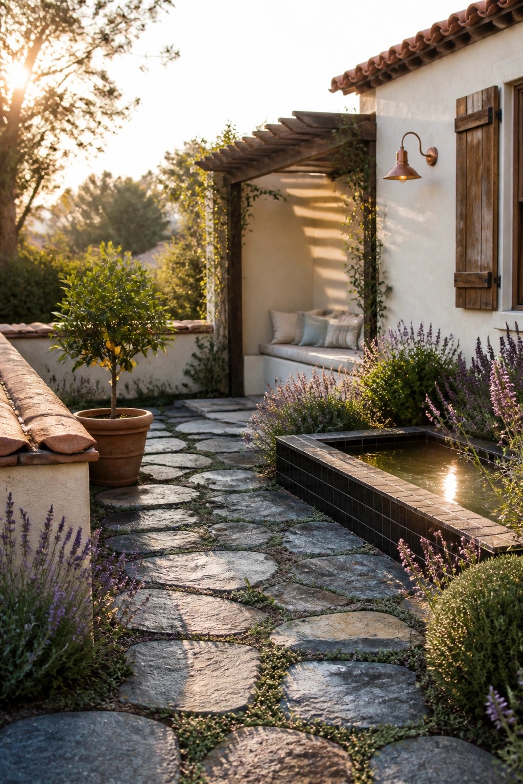 A stone pathway with plants growing between the pavers runs alongside a small tiled water feature and leads toward a built-in bench under a pergola attached to a stucco house.