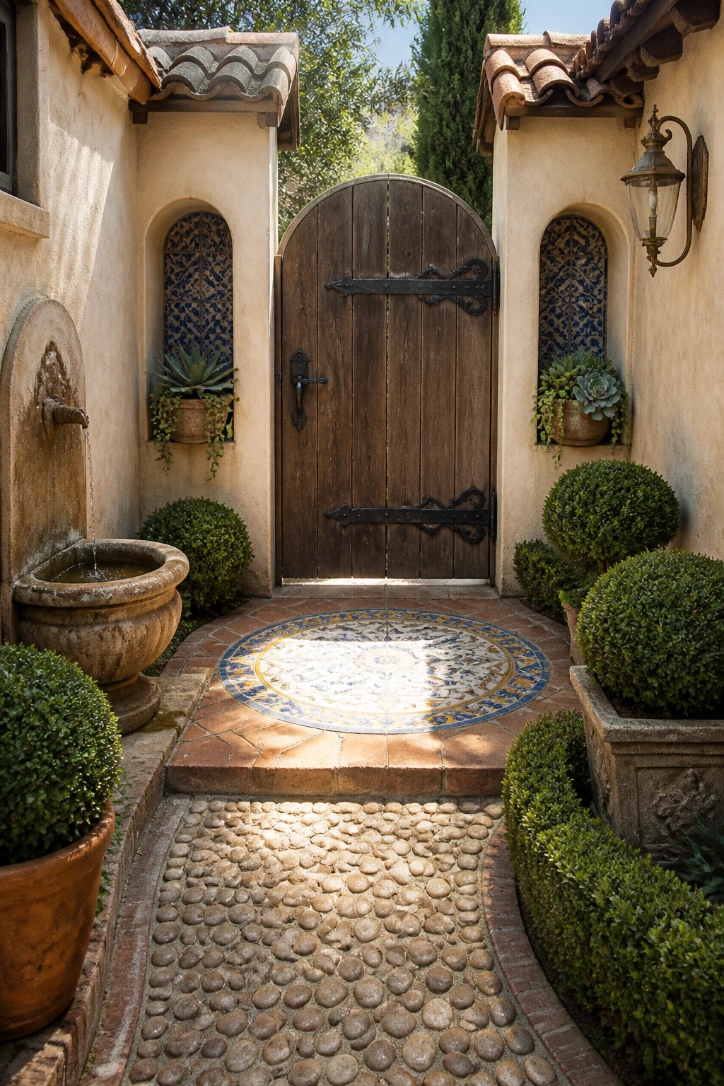 A wooden arched door with black hardware stands at the end of a brick path featuring a large circular patterned tile medallion, flanked by stucco walls, potted plants, and a stone fountain.
