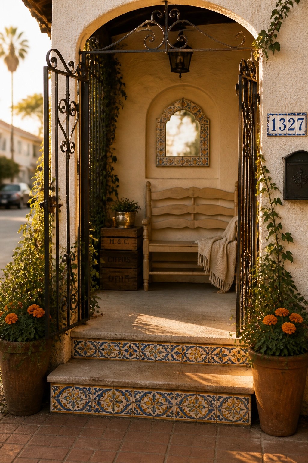 Open wrought iron gates frame an arched house entry with tiled steps, a recessed bench, and potted plants on either side.