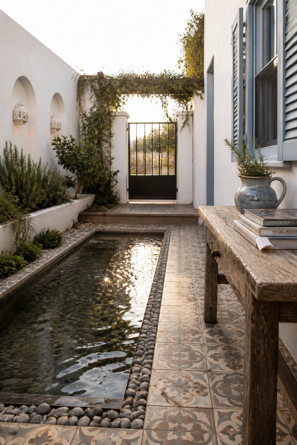 A narrow rectangular pool runs alongside a patterned tile path in a white-walled courtyard, with a wooden bench holding books and a vase on the right.