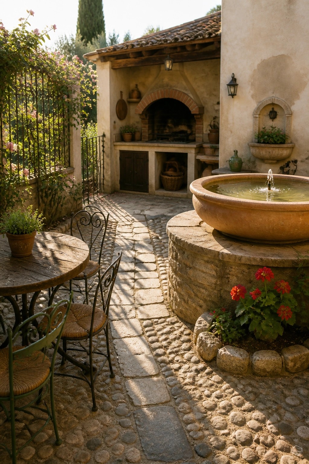A Mediterranean courtyard with a large round stone fountain on a raised base, a wooden dining table with metal chairs on a cobblestone path, and an outdoor brick oven area in the background.