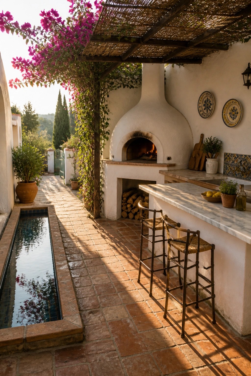 Rustic outdoor kitchen with lit pizza oven, marble bar, bougainvillea, and brick patio.