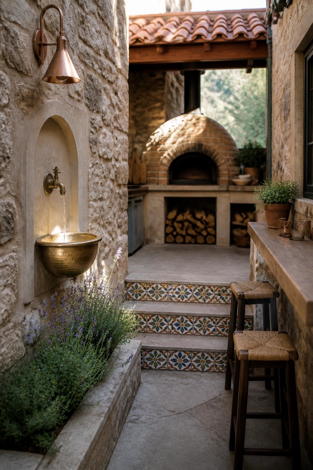 A stone courtyard wall with a brass wall-mounted sink and faucet above lavender plants, colorful tiled steps leading down to a brick oven, and two wooden stools beside a wooden counter.