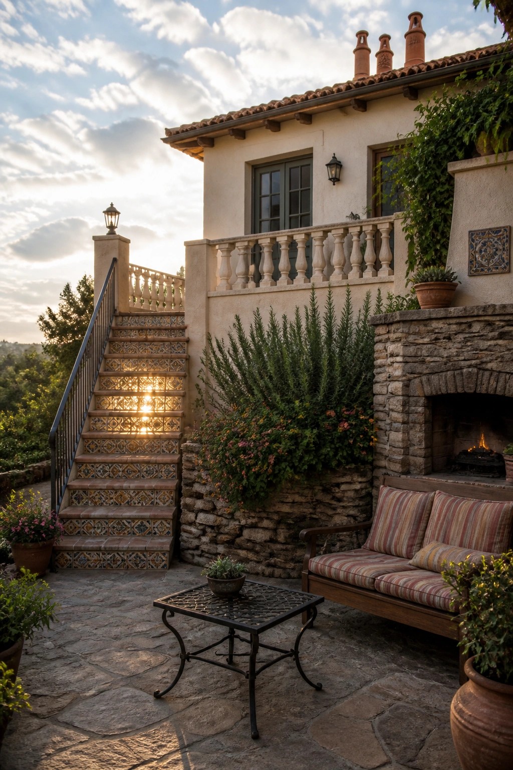 A stone fireplace with a burning fire is built into a patio wall beside a striped cushioned bench, with potted plants and a metal table in front.
