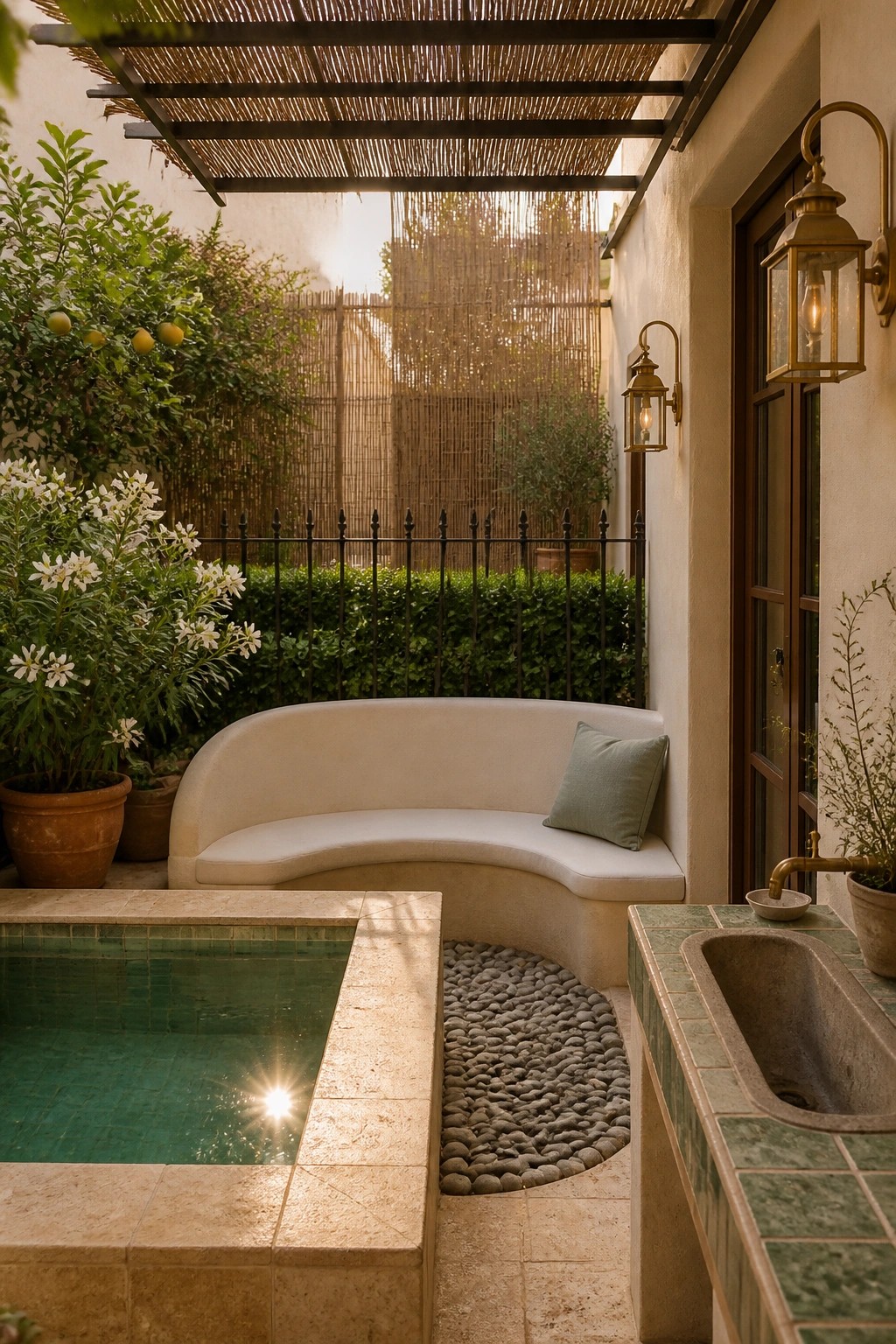 A compact Mediterranean courtyard with a small rectangular pool, curved built-in bench, stone sink, and surrounding potted plants under a reed-covered pergola.