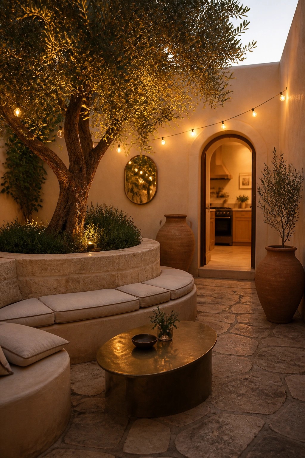 A small courtyard featuring a large tree encircled by a curved stone bench with light cushions, string lights, terracotta pots, and an open arched doorway to a kitchen.