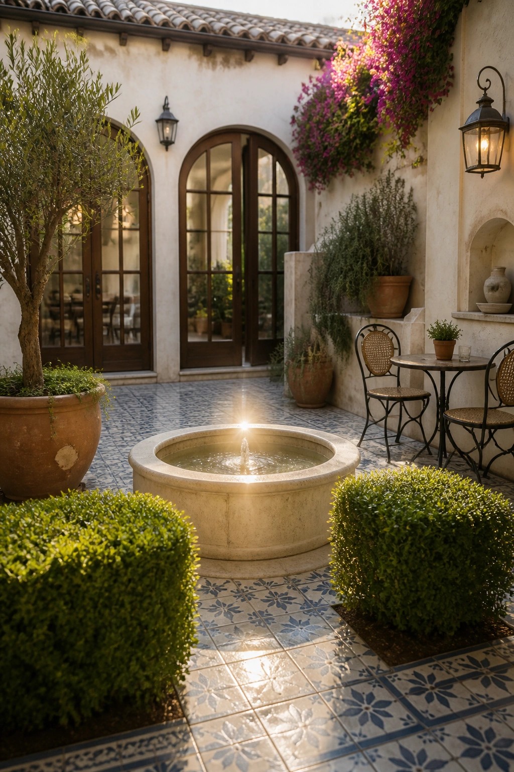 A small Mediterranean-style courtyard with a round stone fountain at the center, surrounded by potted plants, a bistro table with chairs, and arched wooden doors in the background.