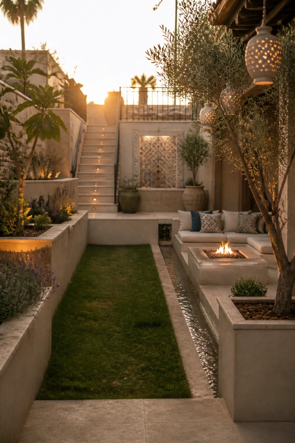 A narrow Mediterranean courtyard at dusk with a grass path, linear water channel, built-in concrete seating around a fire pit, and olive trees with lanterns.