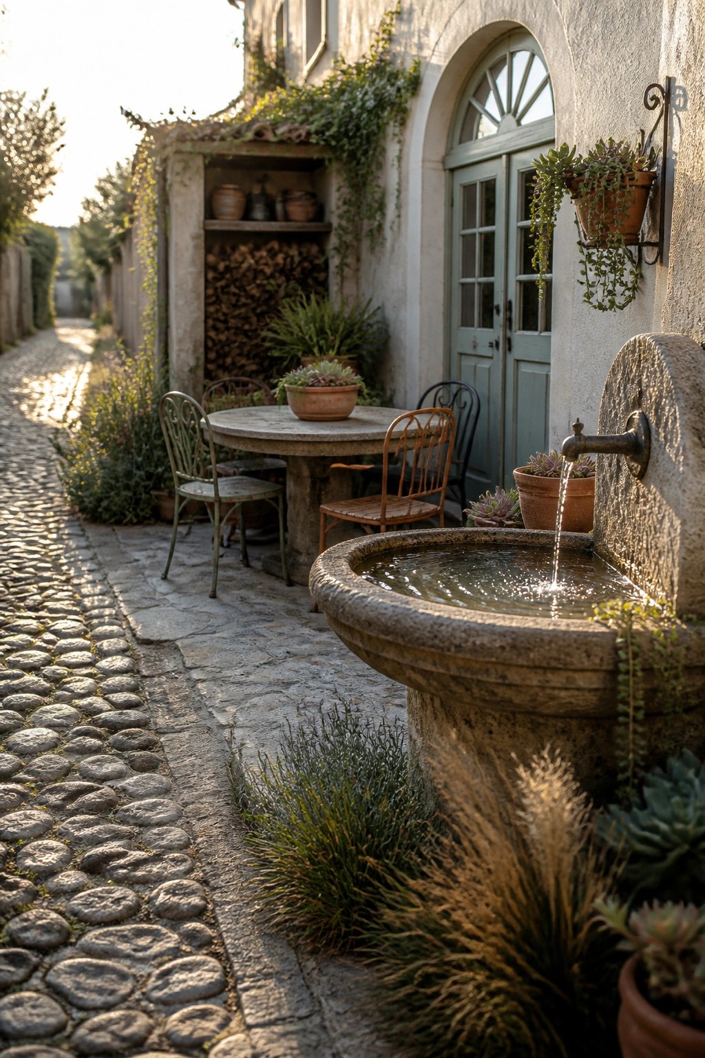 A round stone fountain with flowing water stands next to a weathered table and metal chairs on a cobblestone path beside a house with a light blue door.