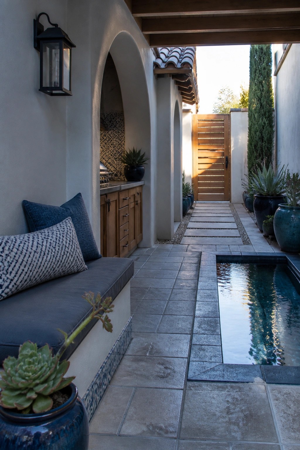 A narrow Mediterranean courtyard with a long rectangular pool running beside a stone tile path, arched walls, built-in seating with cushions, an outdoor kitchen area, and large potted plants.