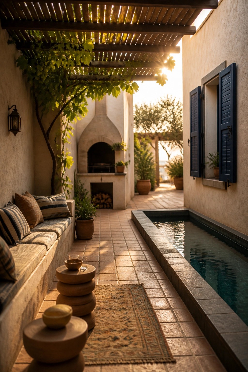 A narrow courtyard features a long rectangular pool on the right side next to built-in cushioned seating on the left, with a wooden pergola overhead, a fireplace at the far end, and potted plants along the walls.