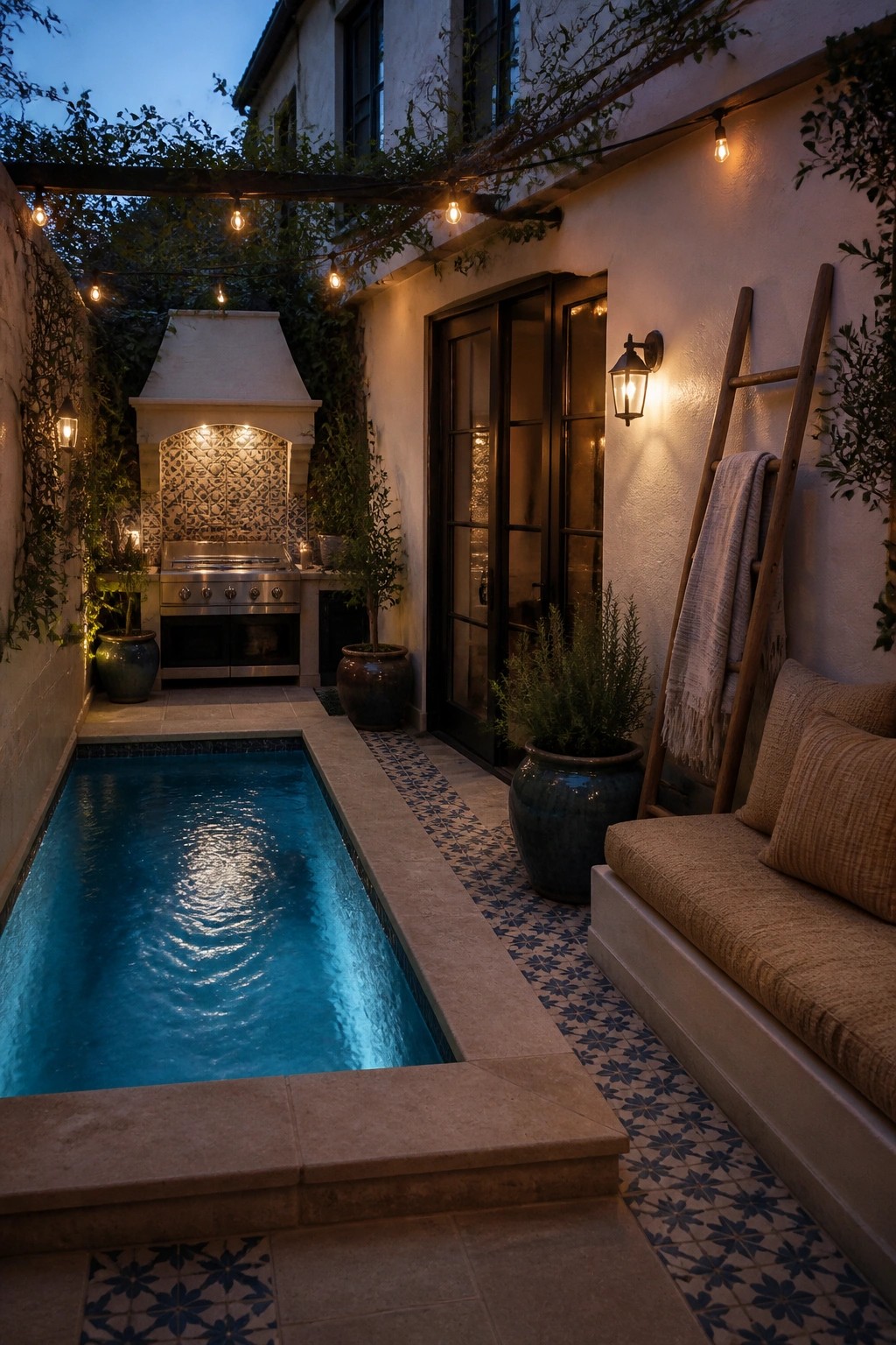A narrow rectangular pool runs beside a patio with an outdoor kitchen, potted plants, string lights, and a cushioned bench in a small courtyard at dusk.