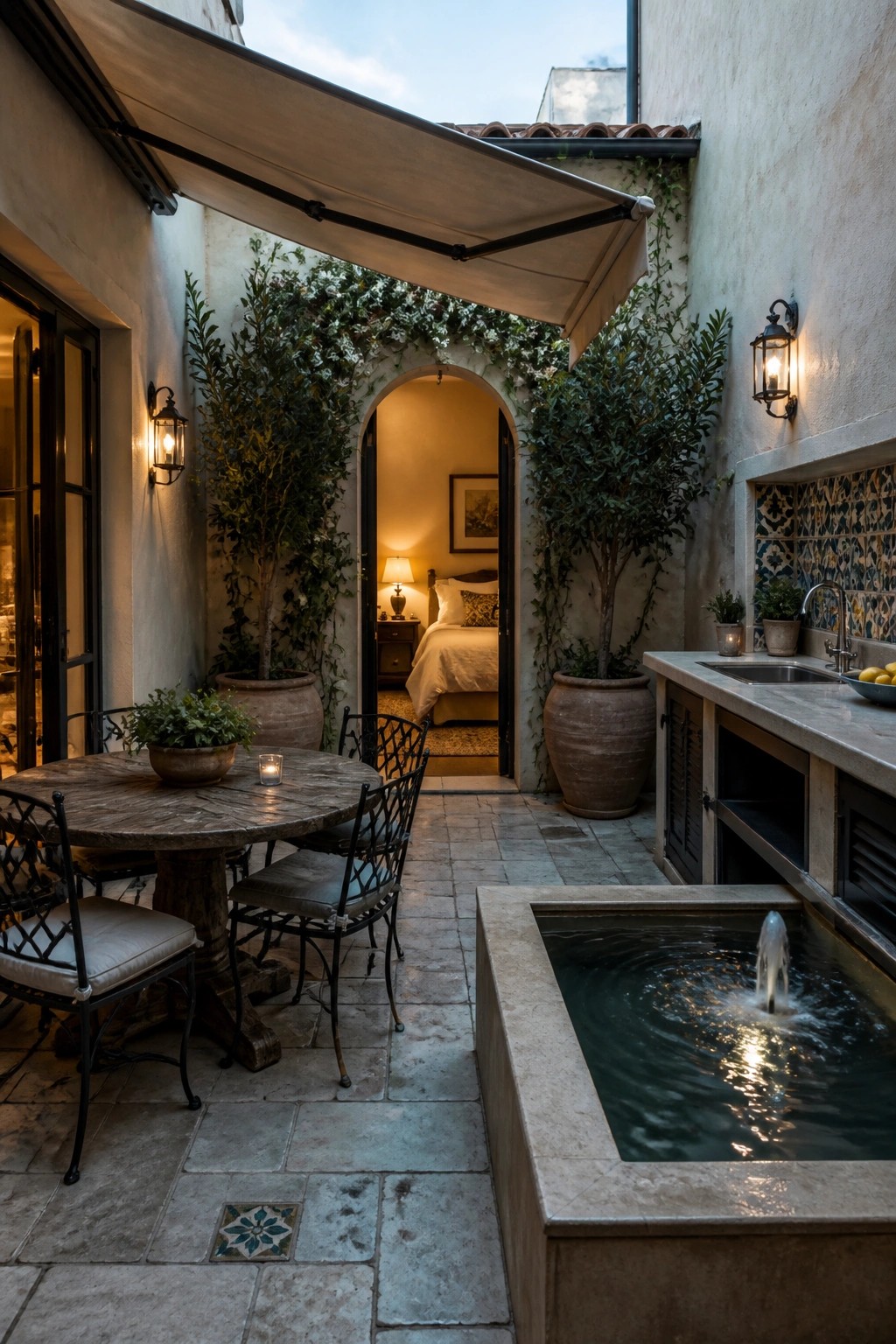 A compact Mediterranean courtyard at dusk with a stone fountain, round dining table, potted trees, and an open archway showing a bedroom beyond.