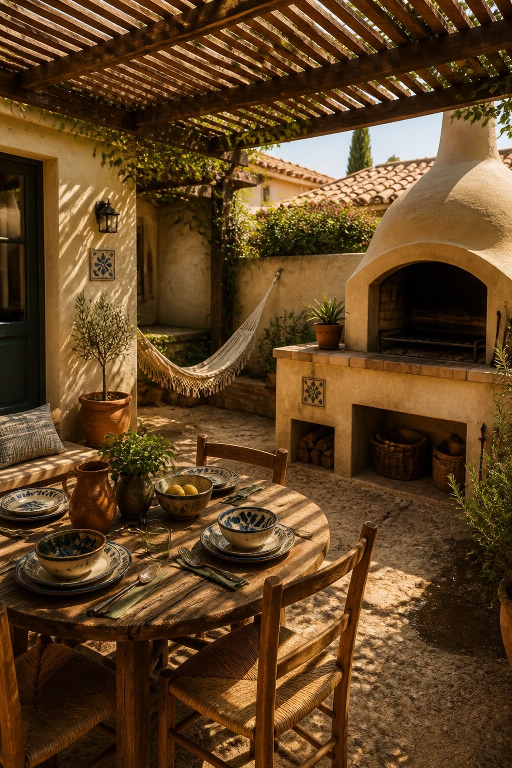 Rustic patio with wooden table, ceramic dishes, hammock, and stone pizza oven in sunlight