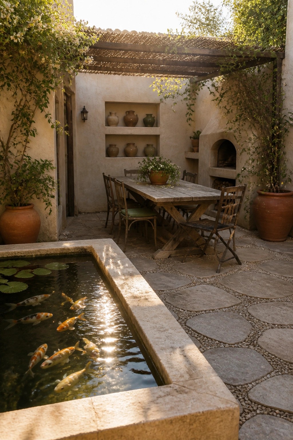 A rectangular stone pond with koi fish sits in the foreground of a Mediterranean courtyard, with a wooden dining table and chairs on stone pavers behind it under a pergola.
