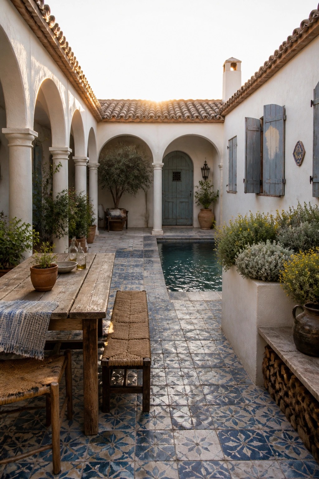 Mediterranean courtyard with blue tiled floor, pool, wooden table, and arched walls