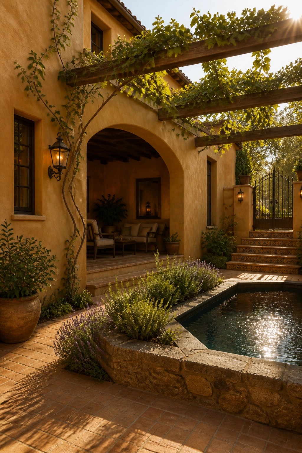 A Mediterranean courtyard with a vine-covered wooden pergola, stone-edged pool, and arched entryway to an outdoor seating area.