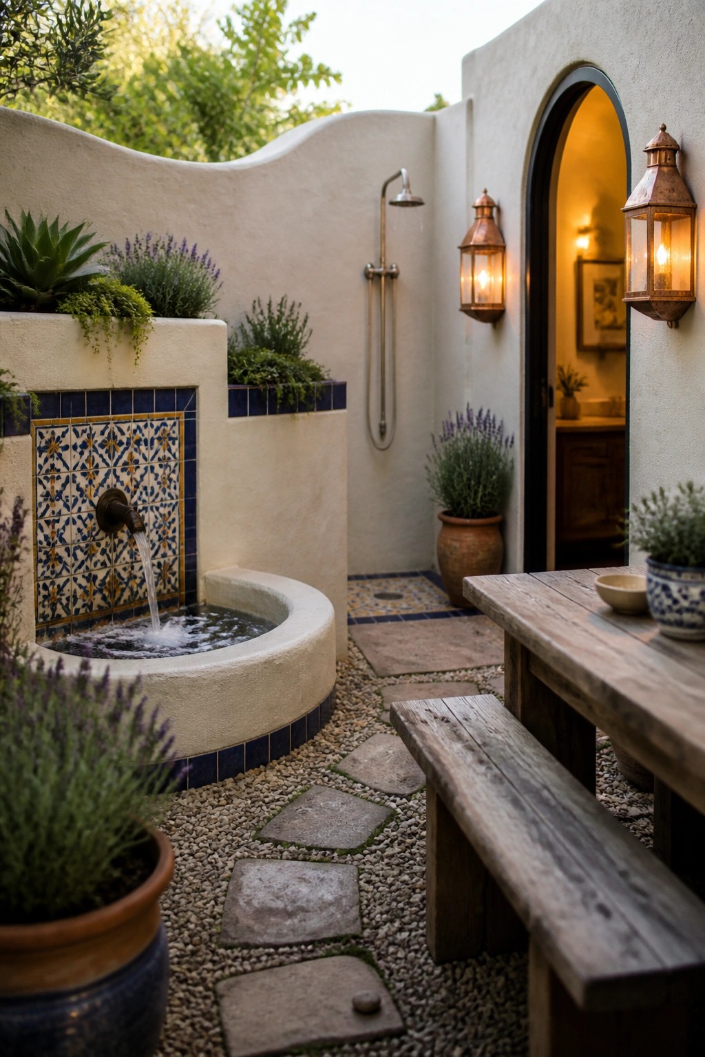 Serene Mediterranean courtyard with tiled fountain, wooden table, potted lavender, and lanterns
