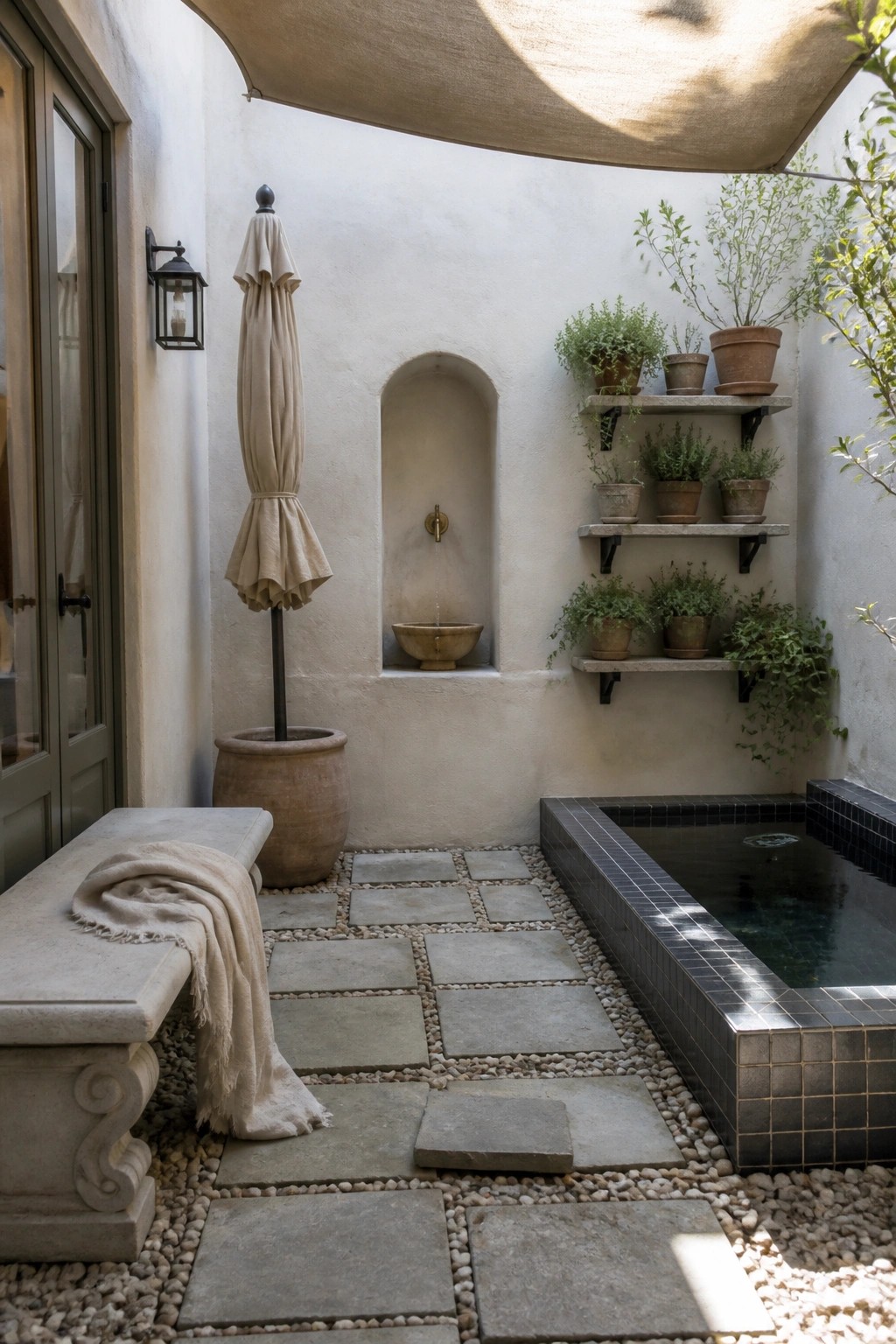 A small Mediterranean courtyard features a wall fountain set inside an arched niche, wall-mounted shelves holding potted plants, a stone bench with a throw, and a small tiled pool on mixed stone and pebble paving.