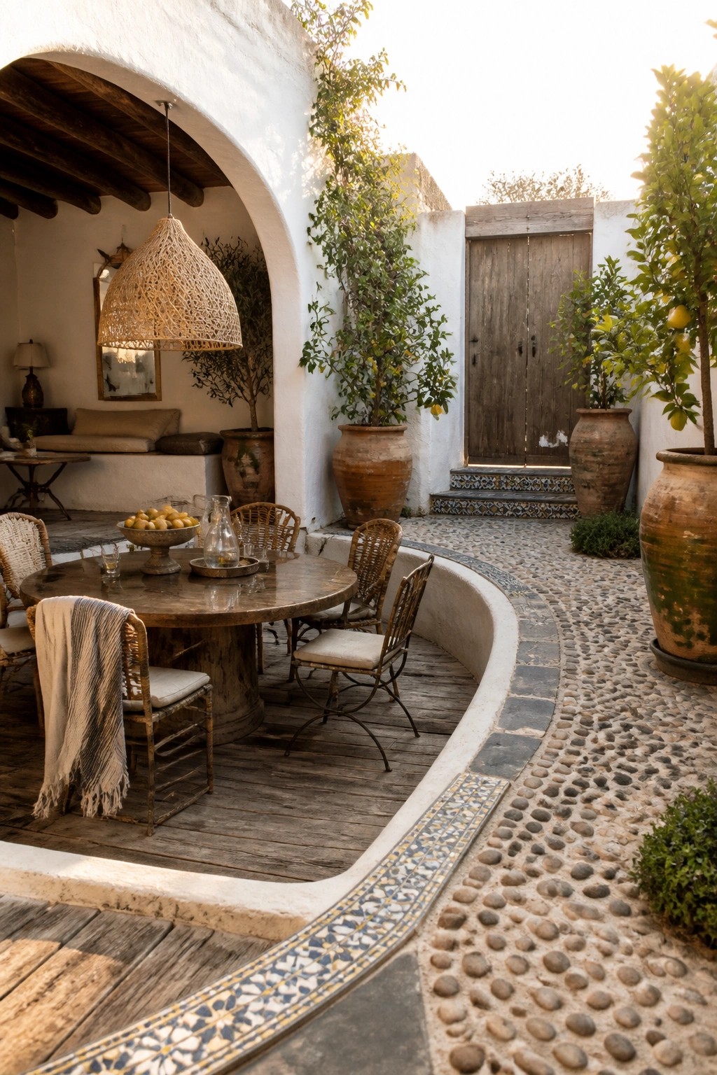 A small courtyard features a round wooden dining table and chairs on a raised deck with a mosaic tile border, next to a cobblestone path lined with large terracotta pots holding citrus trees.