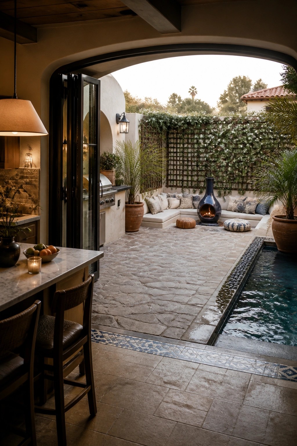An open courtyard with stone flooring, a built-in cushioned bench along the back wall, a blue fire vase in the seating area, and a narrow pool running along the right side, viewed from an indoor kitchen with open doors.