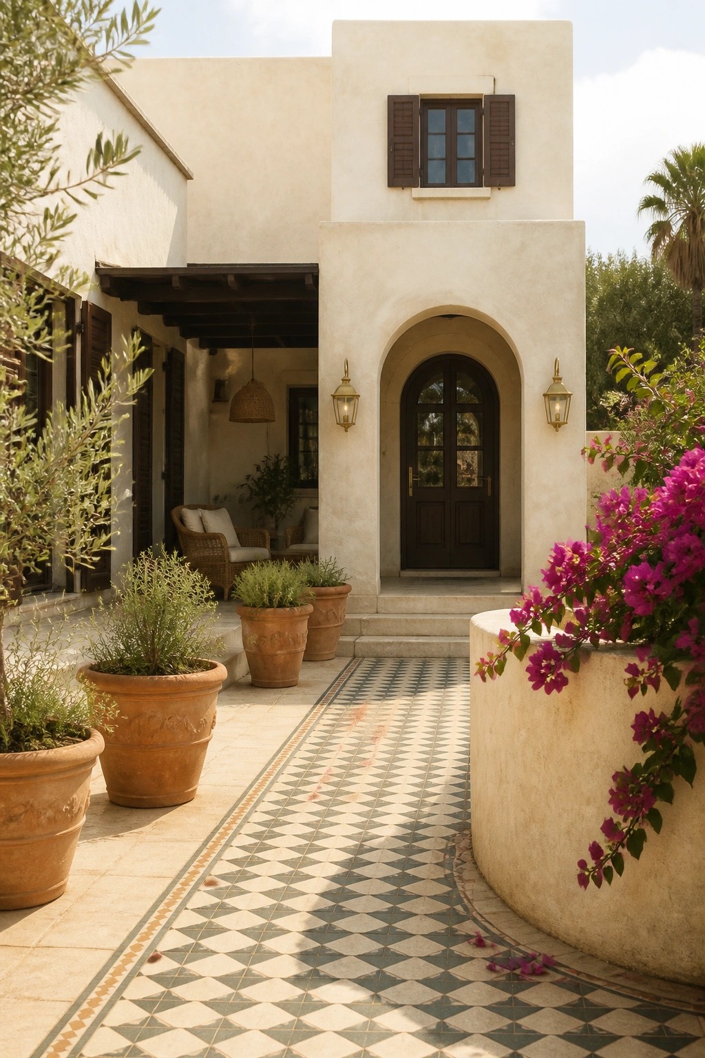 A front view of a light stucco house with a large arched entryway containing dark wood double doors, flanked by wall lanterns, and a patterned tile pathway lined with terracotta pots.