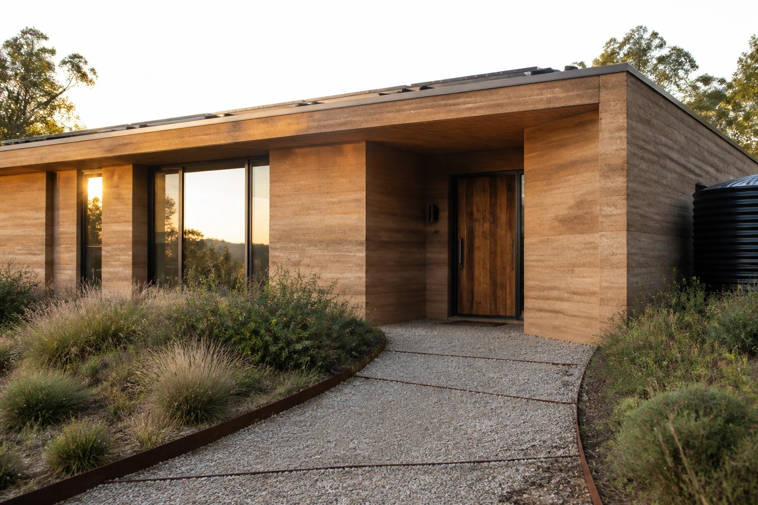 A single-story home with rammed earth walls, a covered entry with wood ceiling, large glass doors, solar panels on the roof, and a gravel driveway edged with native plants.