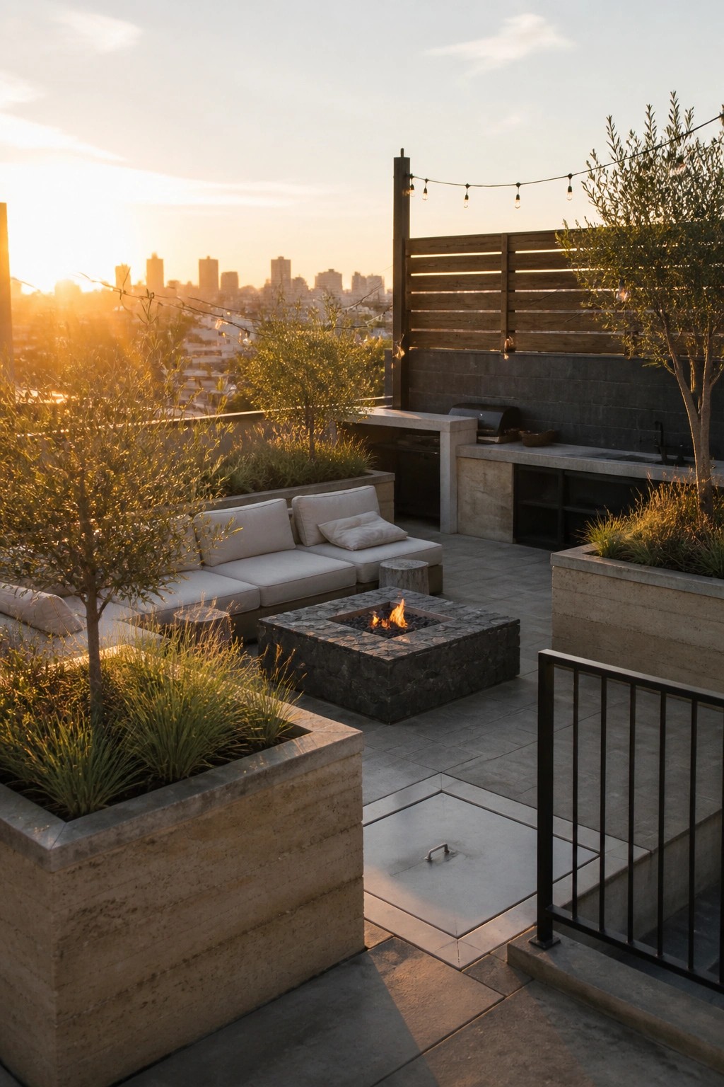 Rooftop patio with large concrete planters holding trees and grasses, a central fire pit, outdoor seating, and a built-in kitchen area overlooking a city at sunset.