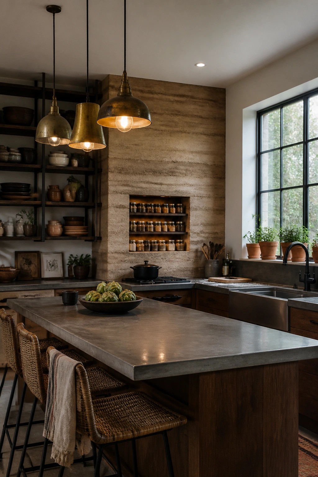 A kitchen interior with a concrete island, woven stools, dark wood cabinets, and a tall rammed earth wall featuring a recessed illuminated spice shelf.