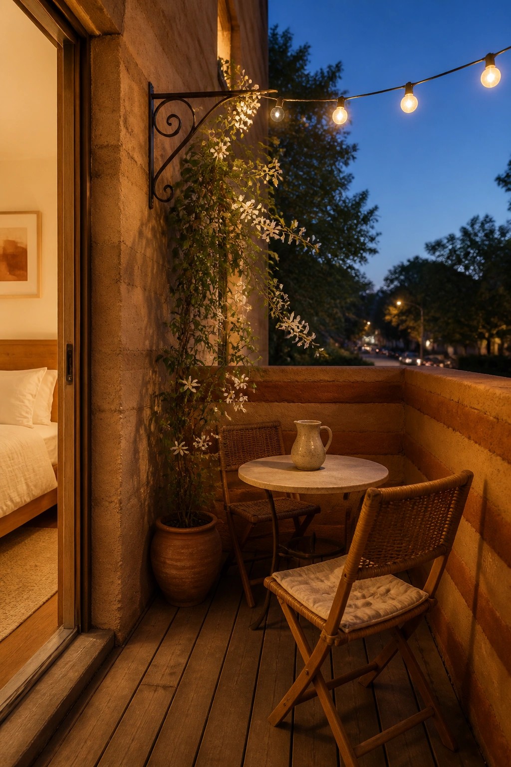 Cozy dusk balcony with string lights, wicker chairs, round table, and flowering plant by open bedroom door.