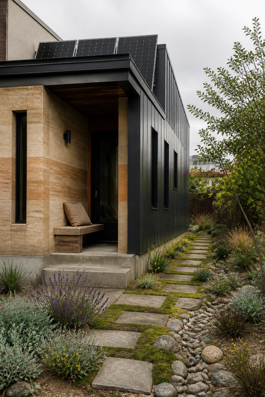 A modern home exterior featuring rammed earth walls with visible earth layers on the left side, dark metal siding on the right, solar panels on the roof, and a stone pathway with landscaping leading to the entrance.