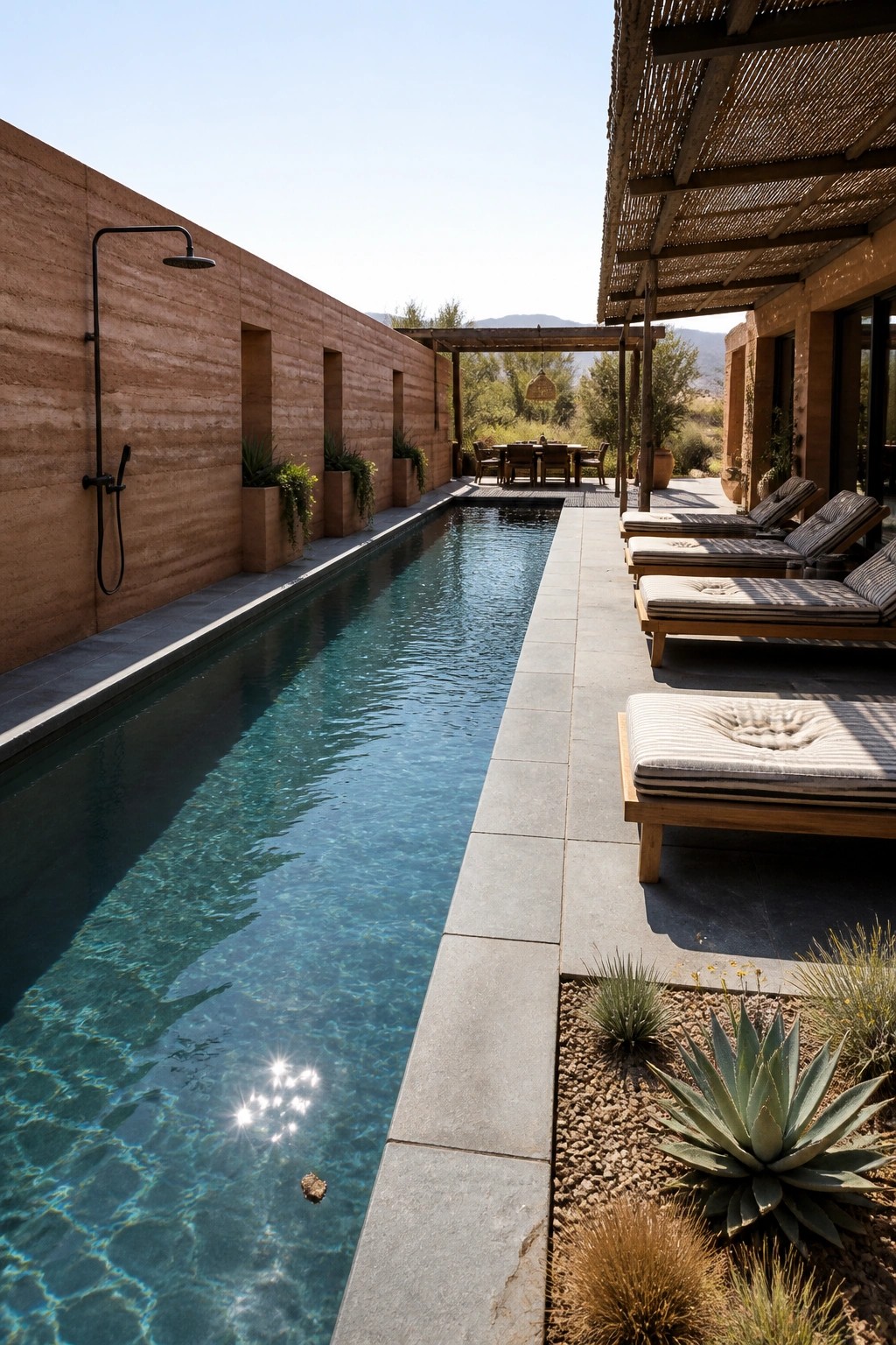 A long narrow swimming pool runs beside a tall rammed earth wall with an outdoor shower, while wooden lounge chairs sit on the opposite concrete deck next to desert plants.