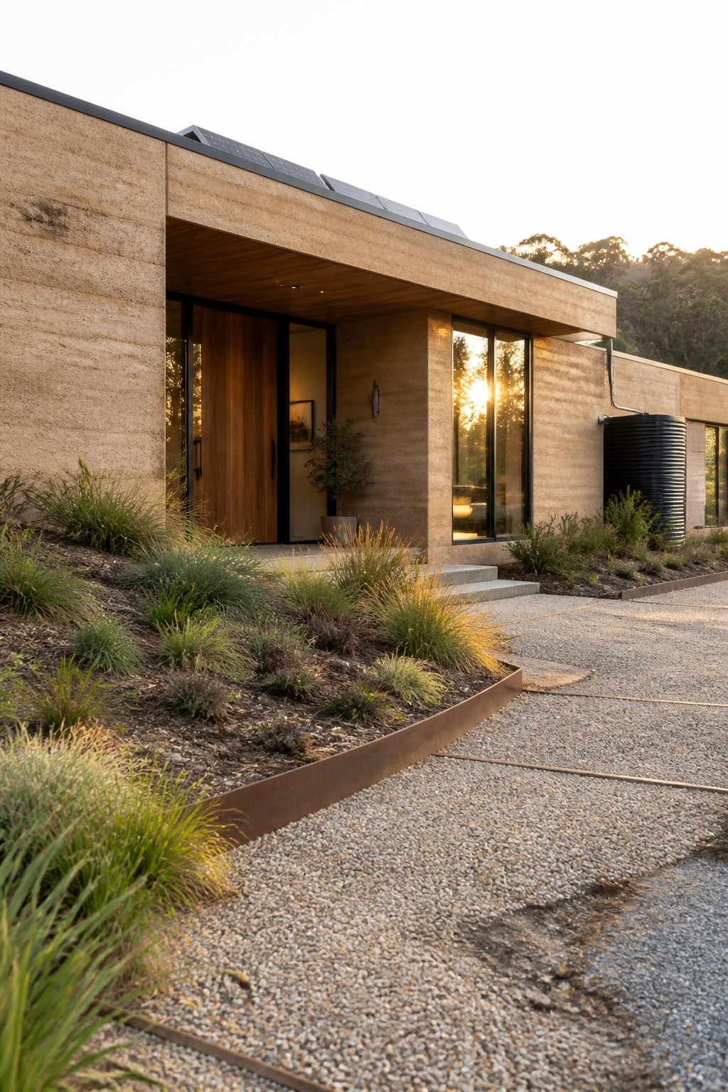 A single-story home with rammed earth walls, a covered entry with wood ceiling, large glass doors, solar panels on the roof, and a gravel driveway edged with native plants.