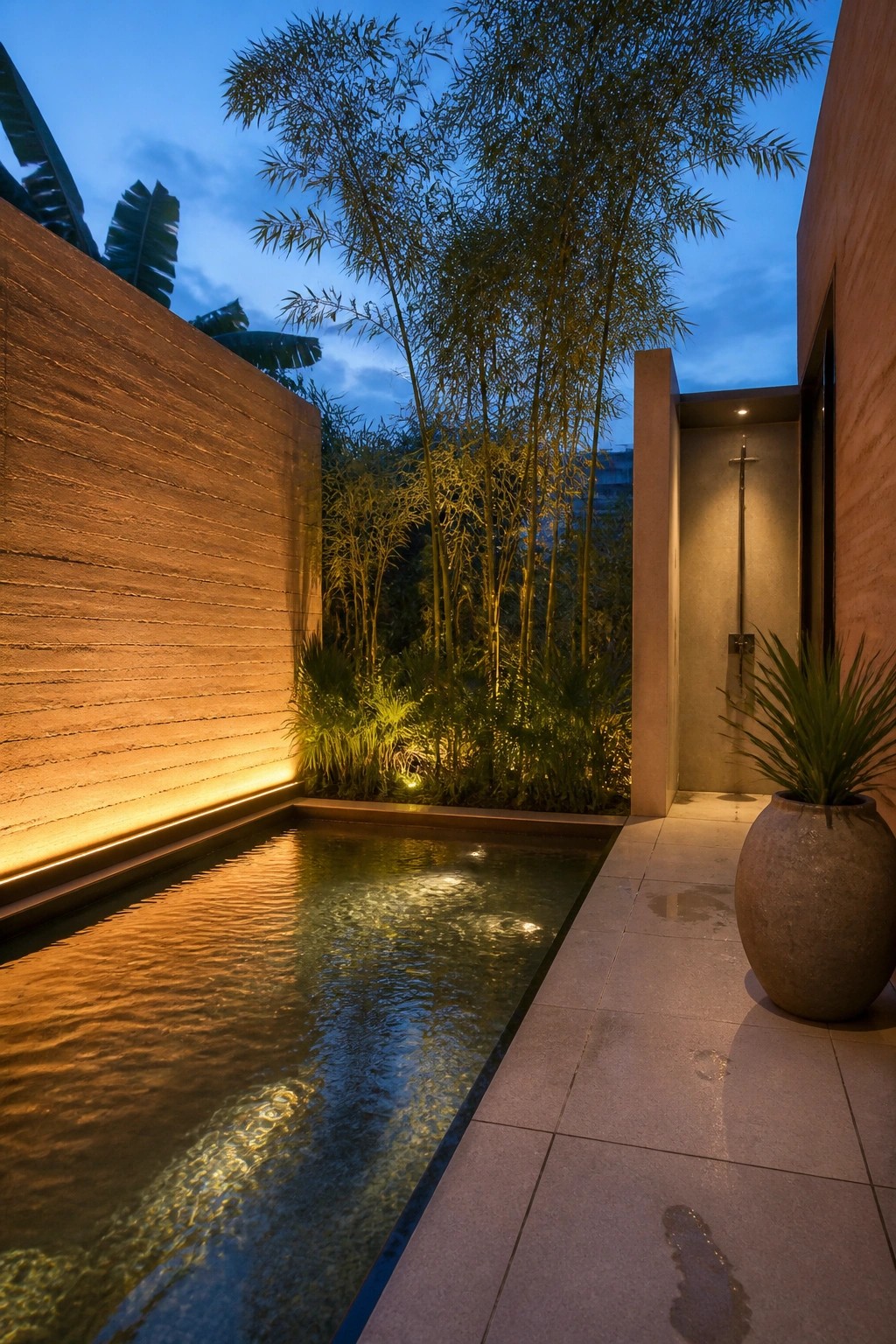 A narrow pool sits next to a tall rammed earth wall with integrated lighting, bamboo, and an outdoor shower visible on the right.