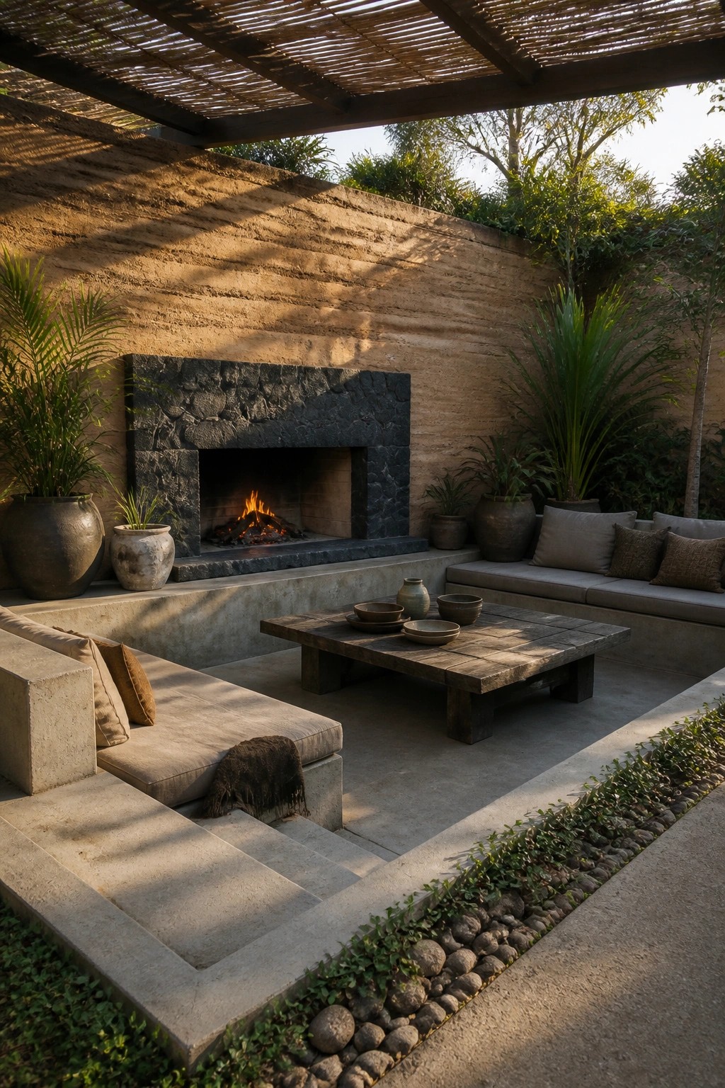Outdoor patio with stone fireplace, wooden table, concrete seating, and potted plants.