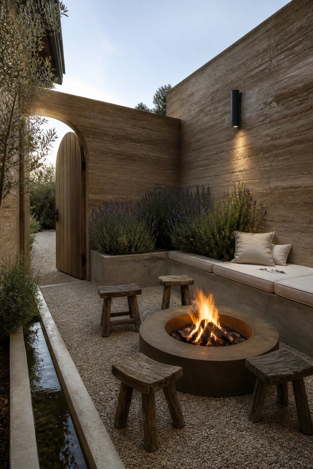 A circular fire pit with burning logs sits on gravel in a rammed earth walled courtyard, with wooden stools, a built-in cushioned bench, lavender plantings, and an arched wooden door.