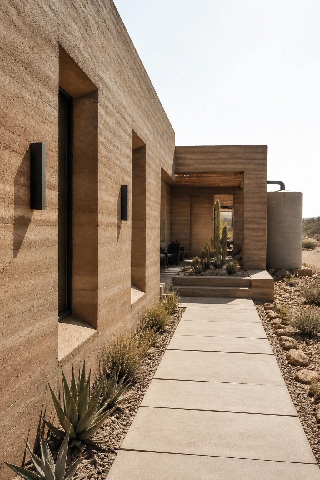 Modern concrete building with pathway in desert landscape with cacti and agave plants