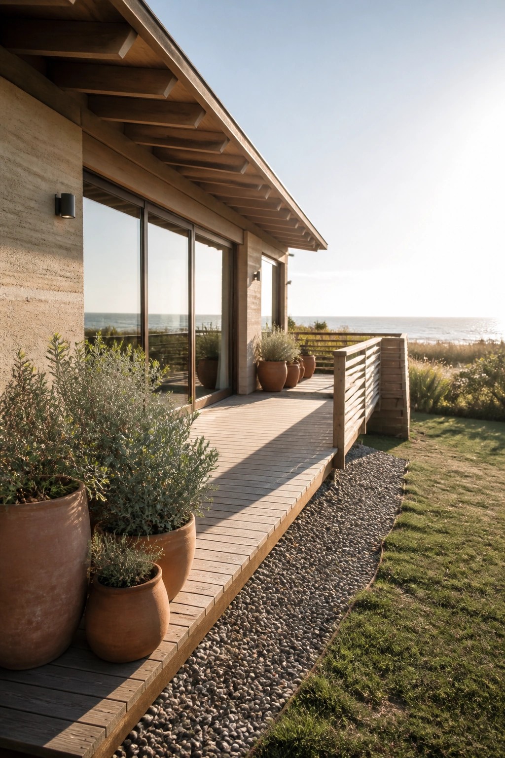 A modern home with rammed earth walls, large sliding glass doors, and a wooden deck lined with terracotta pots overlooking the ocean.