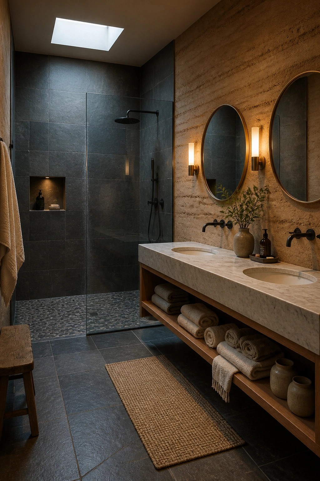 A modern bathroom with a dark tiled shower on the left and a long marble vanity against textured rammed earth walls on the right.