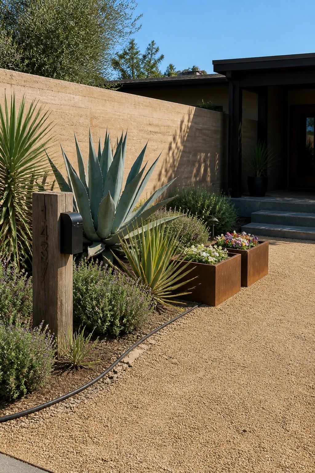 A rammed earth wall beside a modern home entrance, with large agave plants, raised metal planters, a gravel path, and a wooden address post in the foreground.