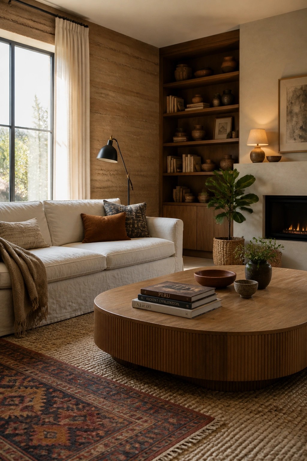 Cozy living room with white sofa, round wooden coffee table, fireplace, and built-in shelves