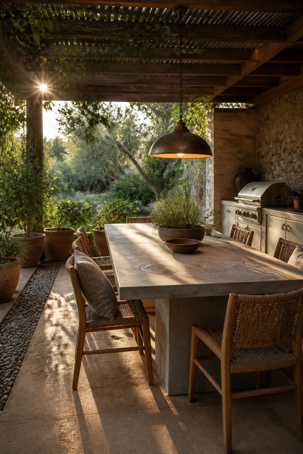 An outdoor dining area under a wooden pergola features a long concrete table, woven chairs, a hanging light, and a textured rammed earth wall next to an outdoor kitchen.