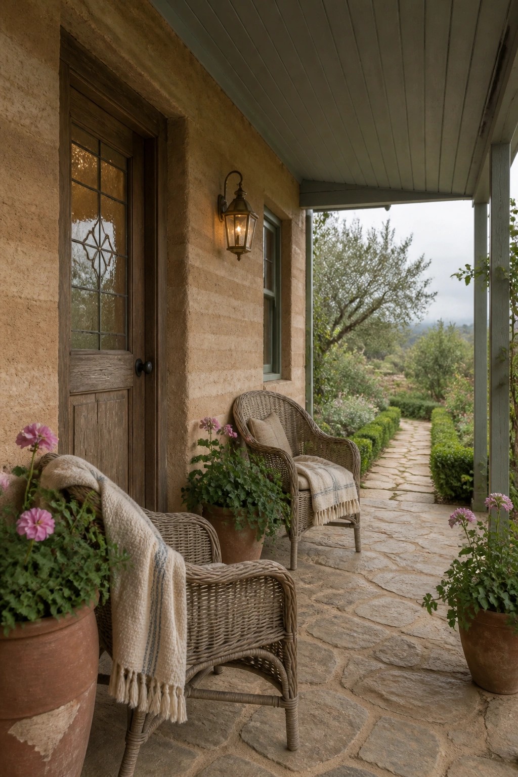 A covered stone porch with two wicker chairs, terracotta pots with flowers, a wooden door, and a rammed earth wall with an outdoor lantern.