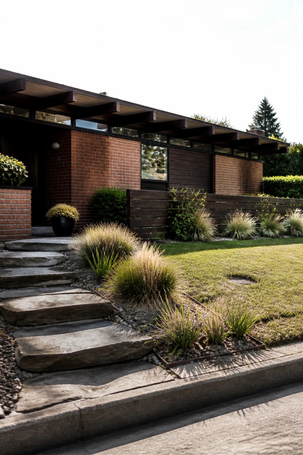 A brick house with dark wood trim, stone steps leading to the entrance, and narrow garden beds filled with ornamental grasses and gravel beside a lawn.