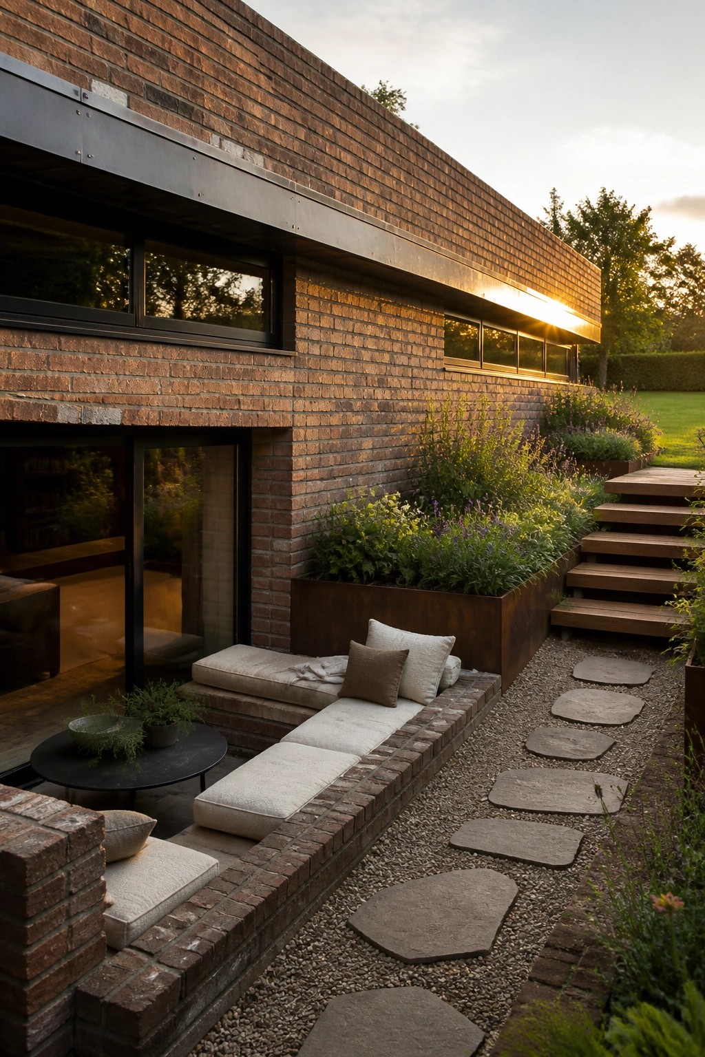 A brick house exterior features a built-in cushioned bench along the wall beside a raised metal planter, with a gravel path of stepping stones and wooden stairs leading to a lawn.