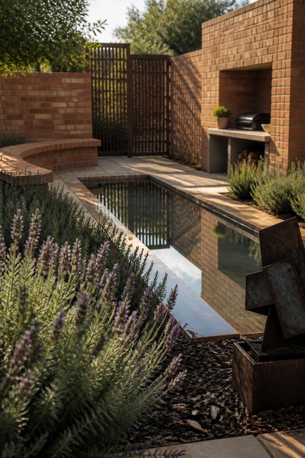Sunlit garden with rectangular pool, brick walls, lavender plants, and built-in grill.