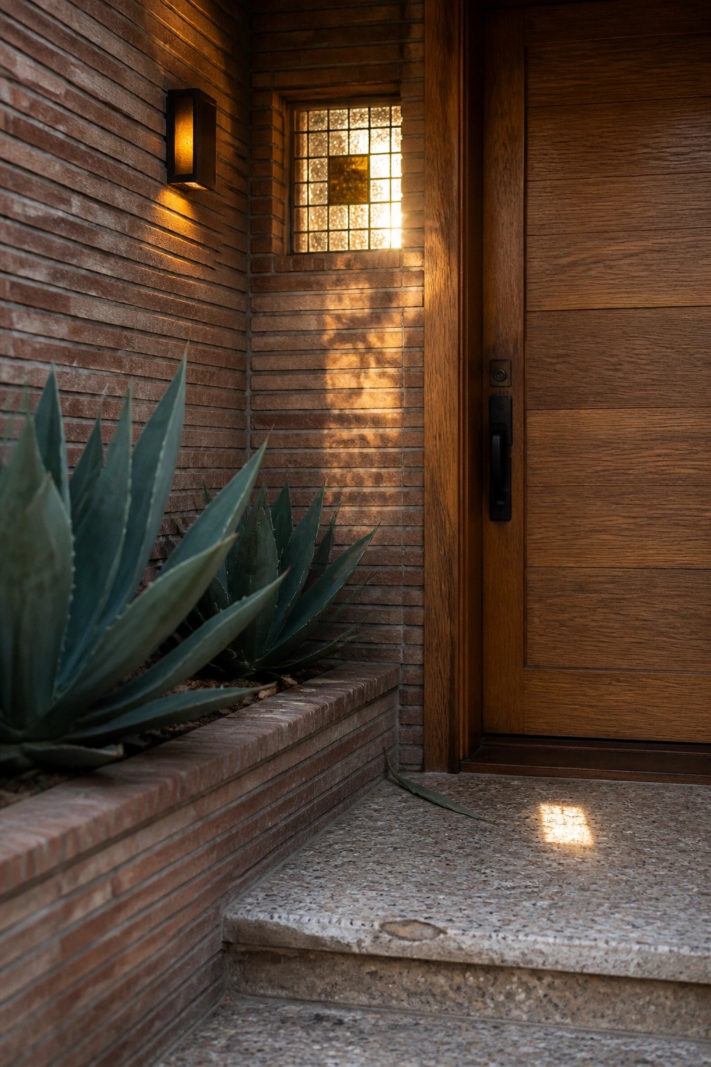 A wooden front door beside a small leaded-glass window on a red brick wall, with agave plants in a low brick planter and a wall sconce above.