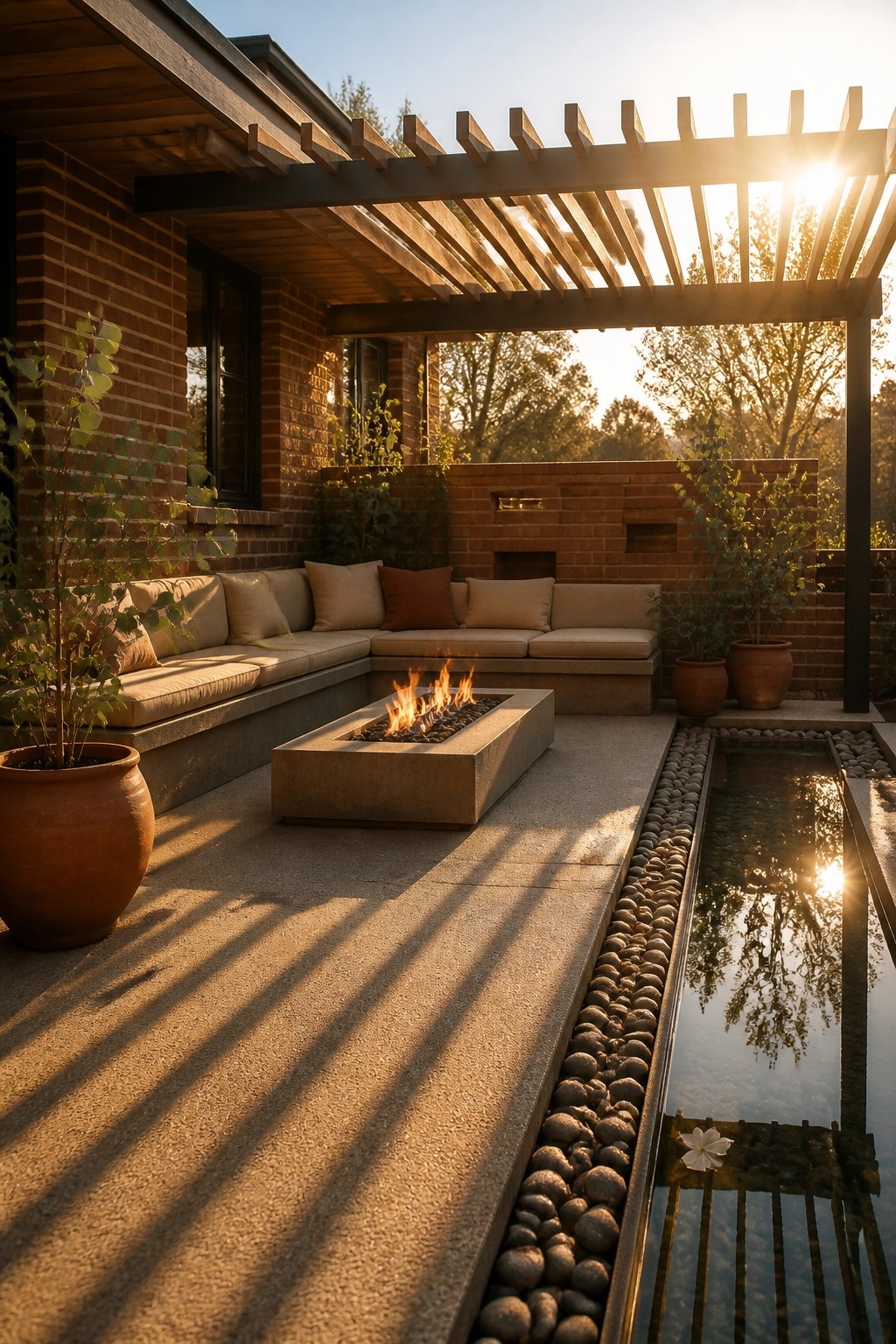A brick home patio with L-shaped built-in seating, a concrete fire pit, and a long pebble-lined water channel under a wooden pergola.